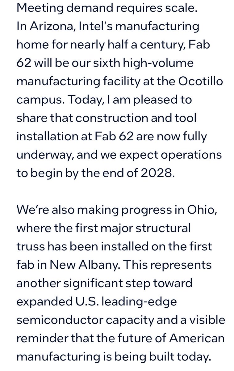 Construction and tool installation at Fab 62 are fully underway, with operations expected to begin by the end of 2028. 
