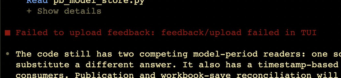 @thsottiaux @romainhuet @dlevine815 @TheRohanVarma @sama @gdb @tszzl @garymlin @arvindv 

I tried to submit /feedback 3x